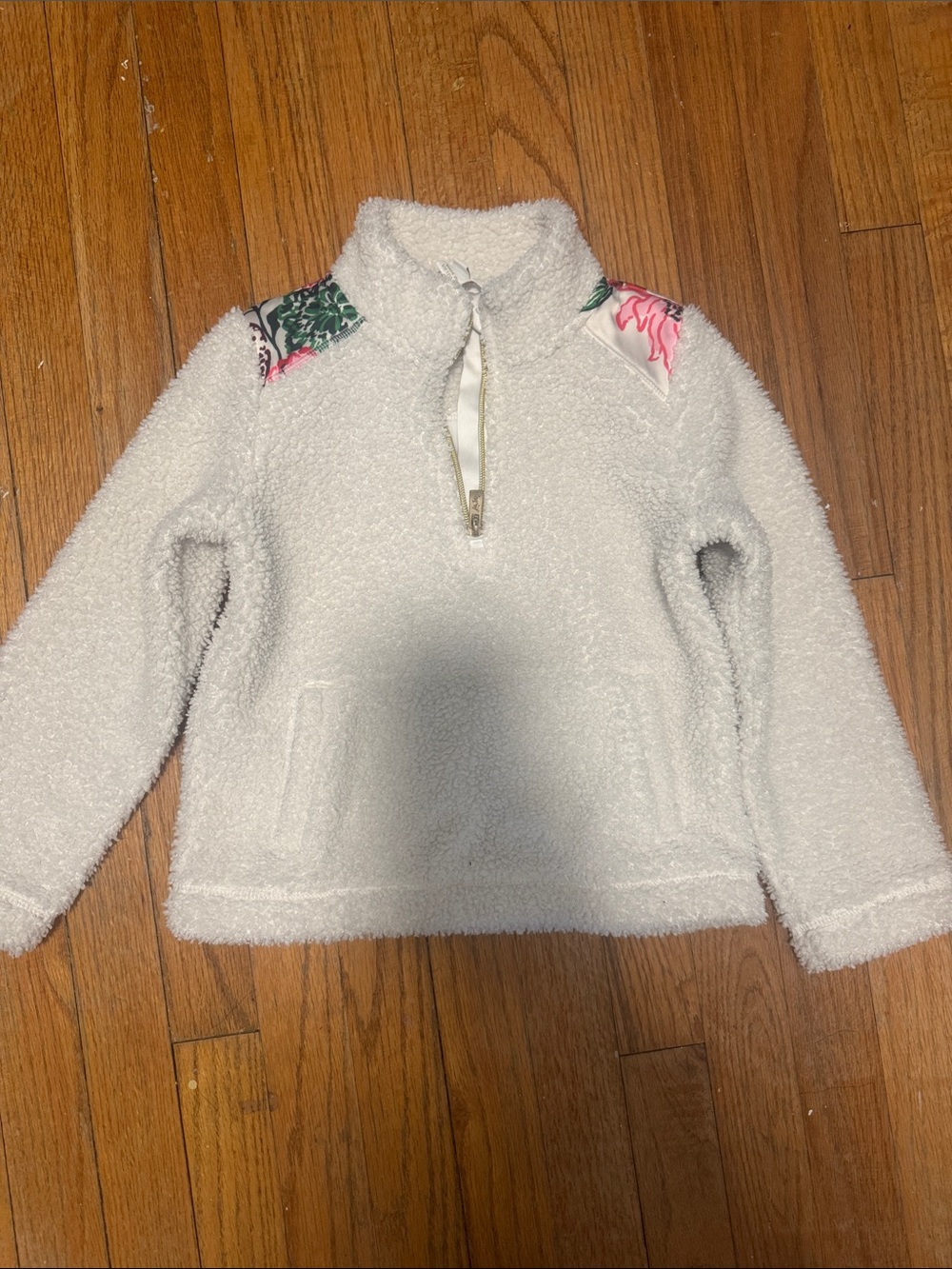 Lilly Pulitzer Cream Sherpa Quarter-Zip with Pink & Green Floral Shoulder Panels